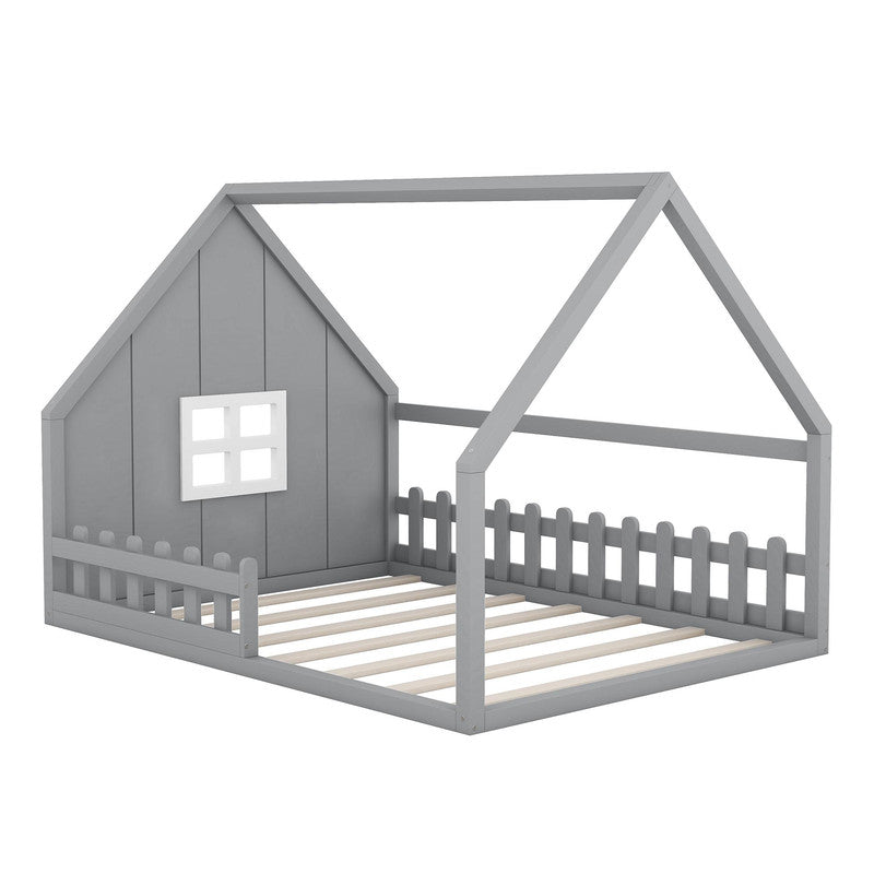 Full Size Wood Bed with Window and Fence