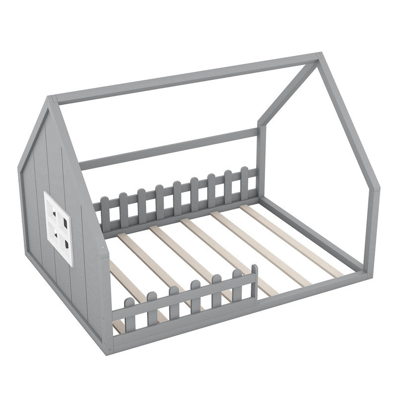Full Size Wood Bed with Window and Fence