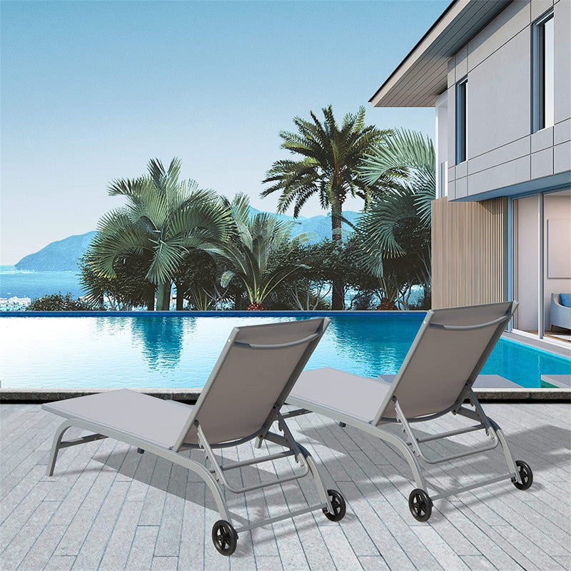 Set of 2 Lounge Chairs for Outside with Wheels 5 Adjustable Position Pool Lounge Chairs