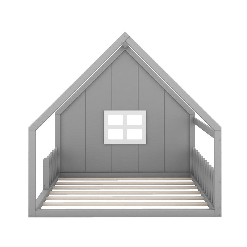 Full Size Wood Bed with Window and Fence