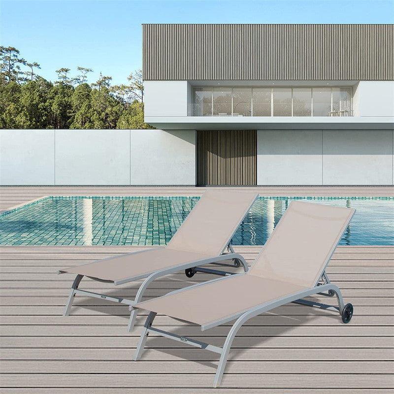 Set of 2 Lounge Chairs for Outside with Wheels 5 Adjustable Position Pool Lounge Chairs