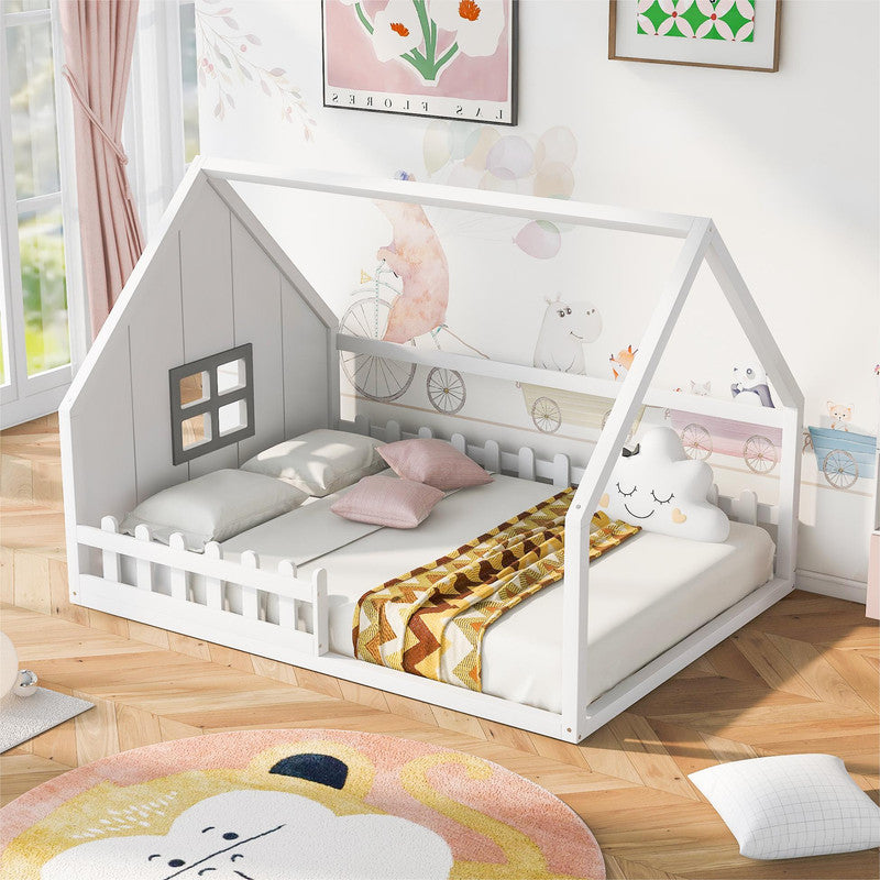 Full Size Wood Bed with Window and Fence