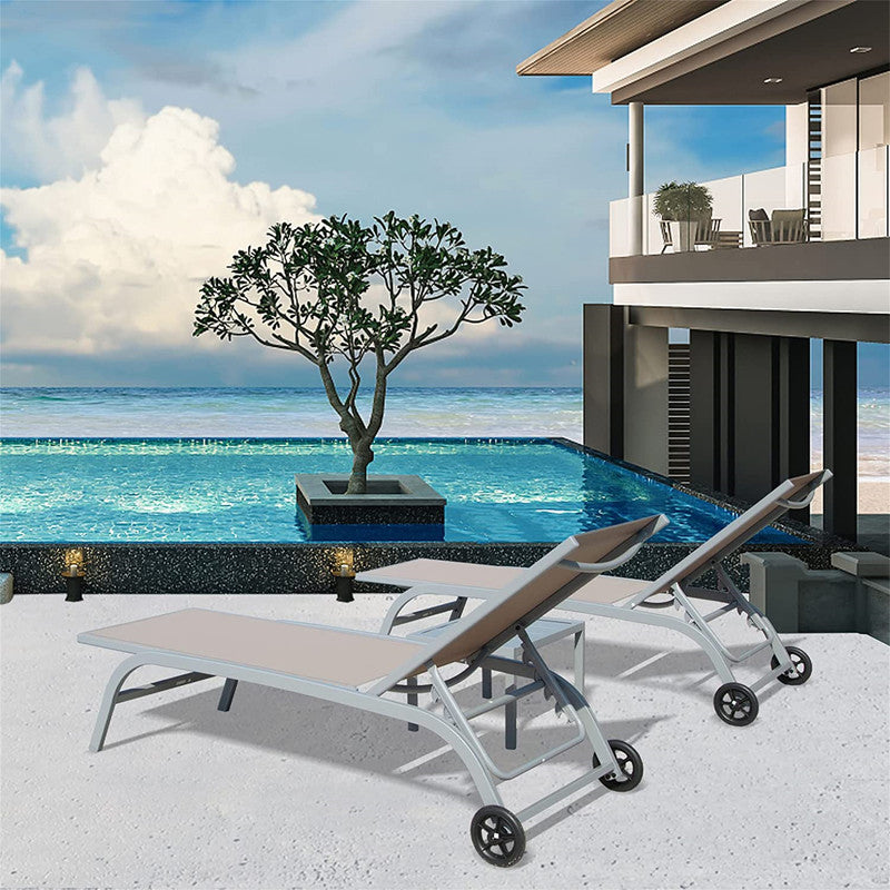 Set of 2 Lounge Chairs for Outside with Wheels 5 Adjustable Position Pool Lounge Chairs