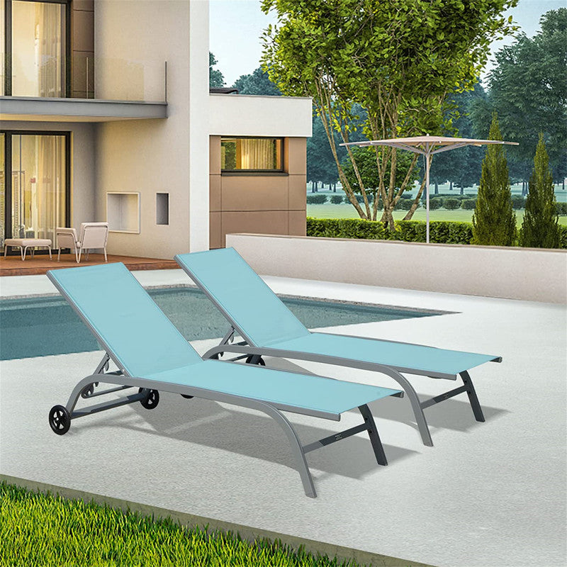 Set of 2 Lounge Chairs for Outside with Wheels 5 Adjustable Position Pool Lounge Chairs