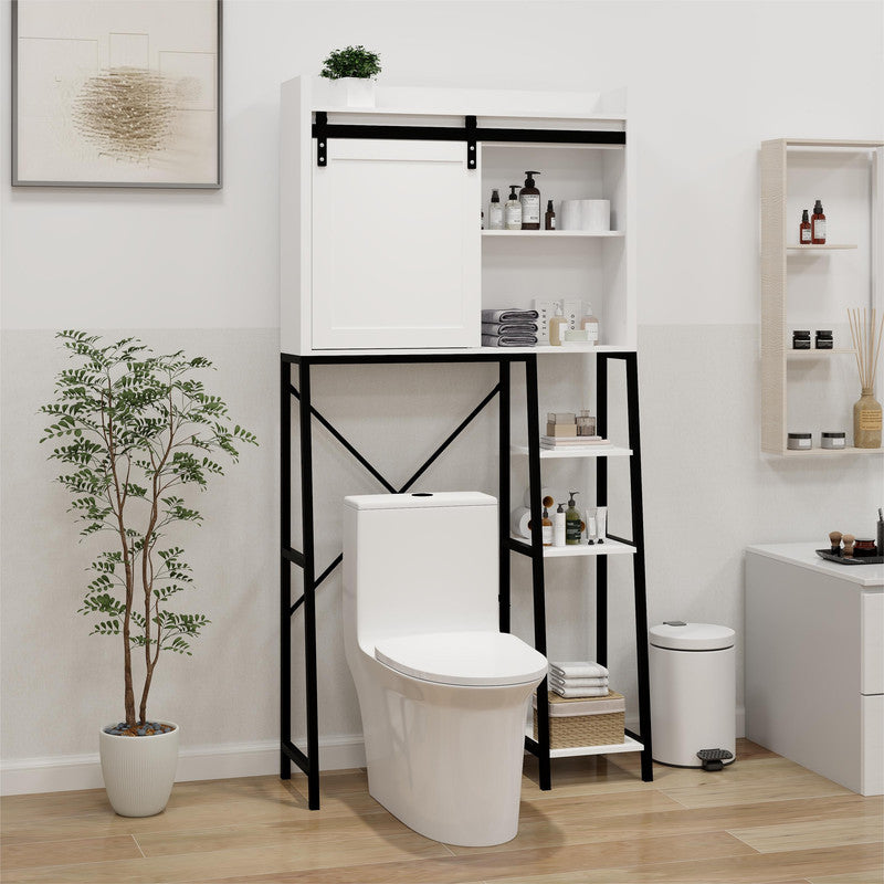 Toilet Storage Cabinet, Bathroom Shelves Over Toilet with Sliding Barn Door, Adjustable Shelves and Side Storage Rack