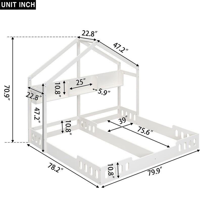 Wood Twin Size Platform Bed Two Shared Beds with Shelves and Guardrail
