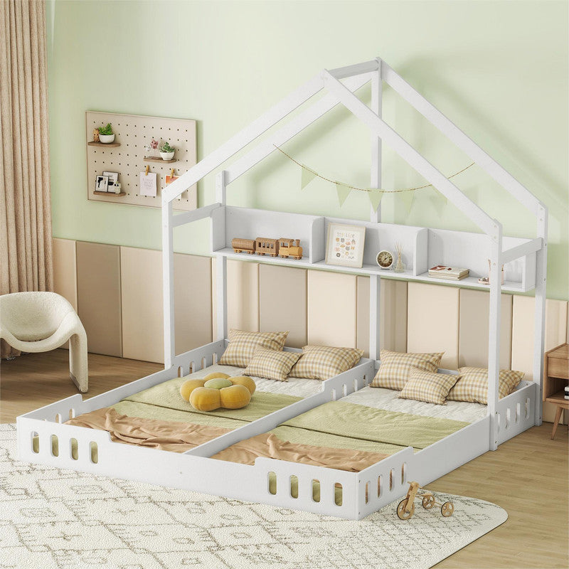 Wood Twin Size Platform Bed Two Shared Beds with Shelves and Guardrail