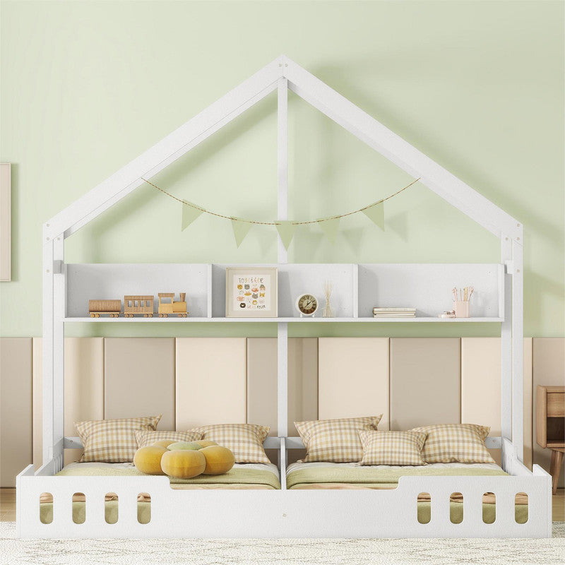 Wood Twin Size Platform Bed Two Shared Beds with Shelves and Guardrail