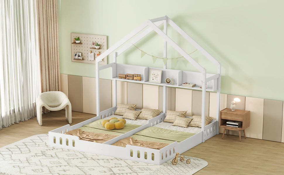 Wood Twin Size Platform Bed Two Shared Beds with Shelves and Guardrail