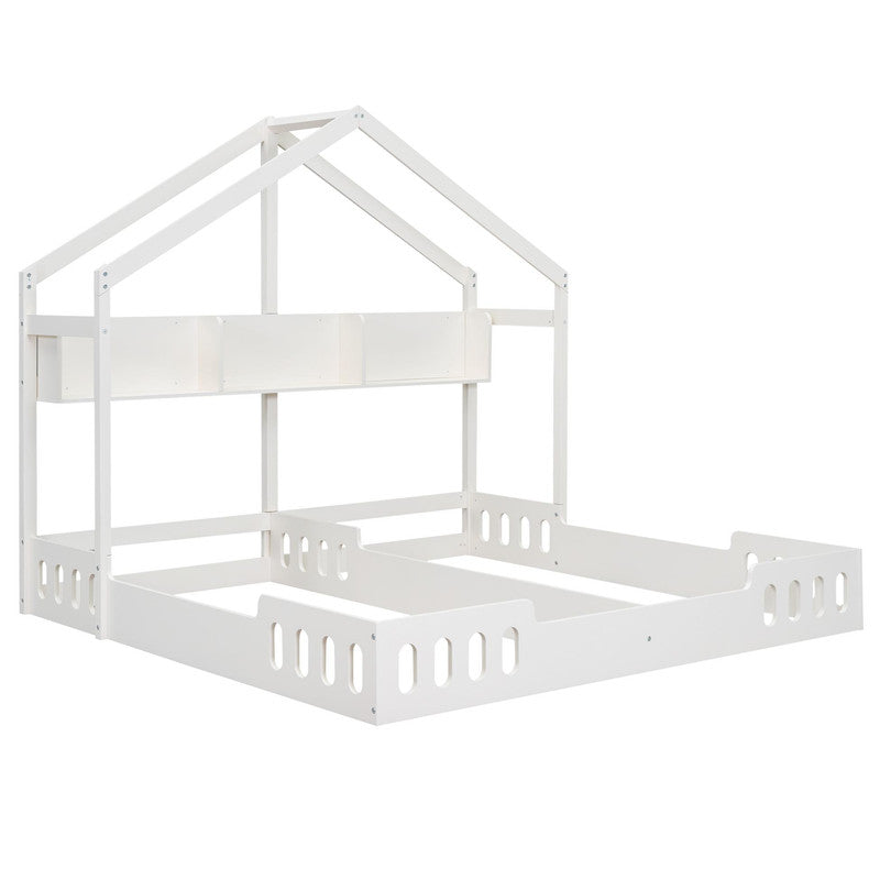 Wood Twin Size Platform Bed Two Shared Beds with Shelves and Guardrail