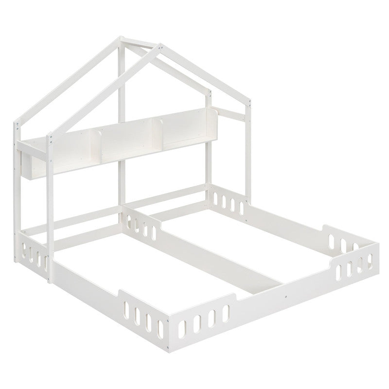 Wood Twin Size Platform Bed Two Shared Beds with Shelves and Guardrail