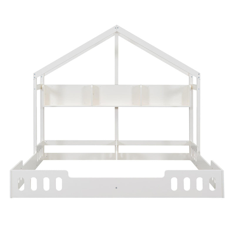 Wood Twin Size Platform Bed Two Shared Beds with Shelves and Guardrail