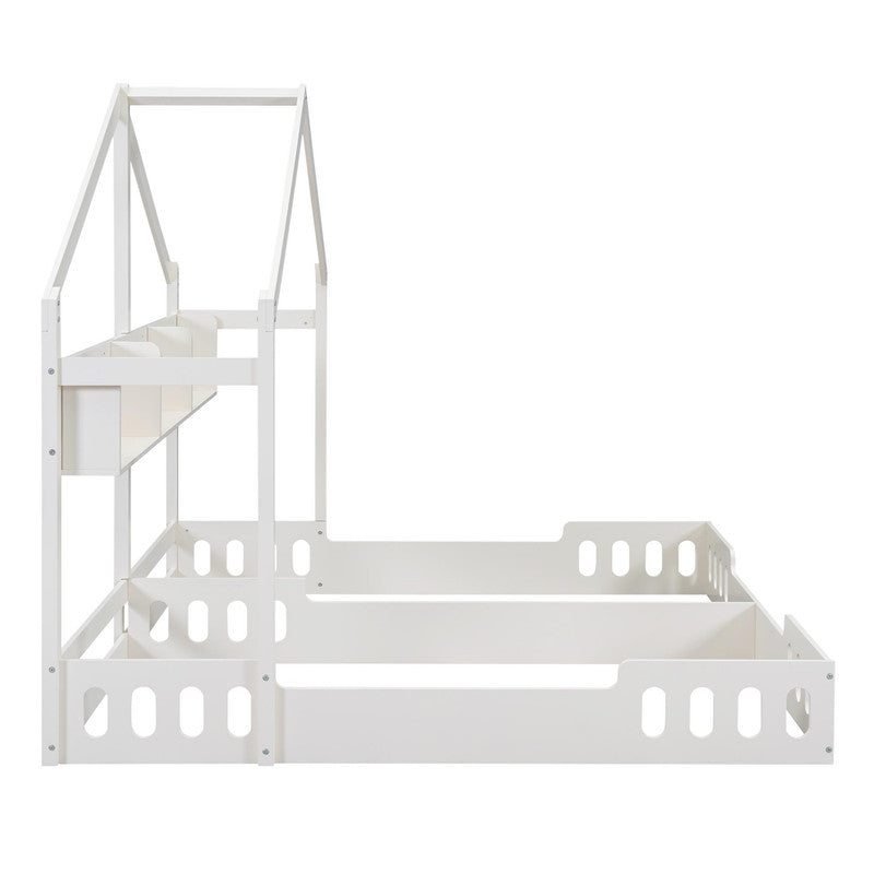 Wood Twin Size Platform Bed Two Shared Beds with Shelves and Guardrail
