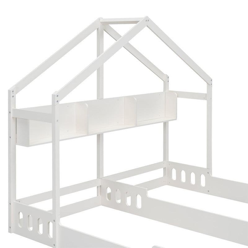 Wood Twin Size Platform Bed Two Shared Beds with Shelves and Guardrail