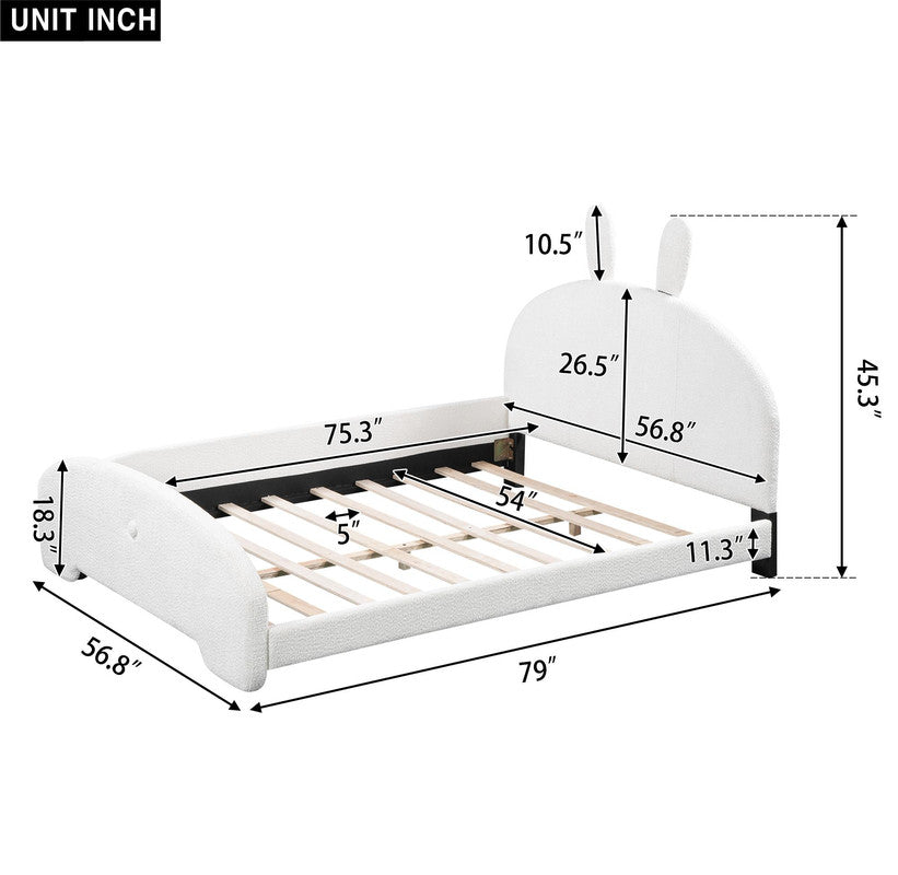 Full Size Upholstered Platform Bed with Cartoon Ears Shaped Headboard