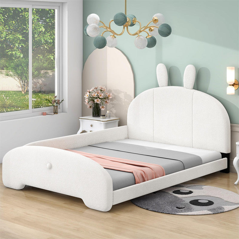 Full Size Upholstered Platform Bed with Cartoon Ears Shaped Headboard
