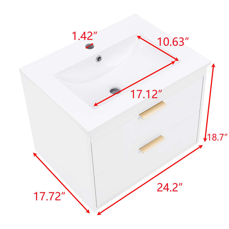 24'' Floating Wall Mounted Bathroom Vanity with White Ceramic Sink and Drawer Storage