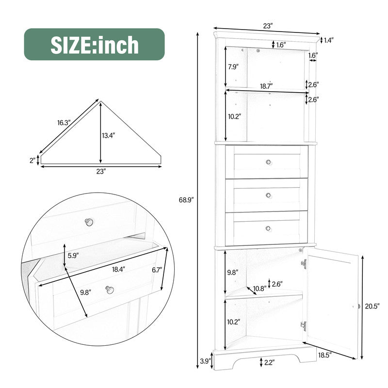 Green Triangle Tall Cabinet with 3 Drawers and Adjustable Shelves