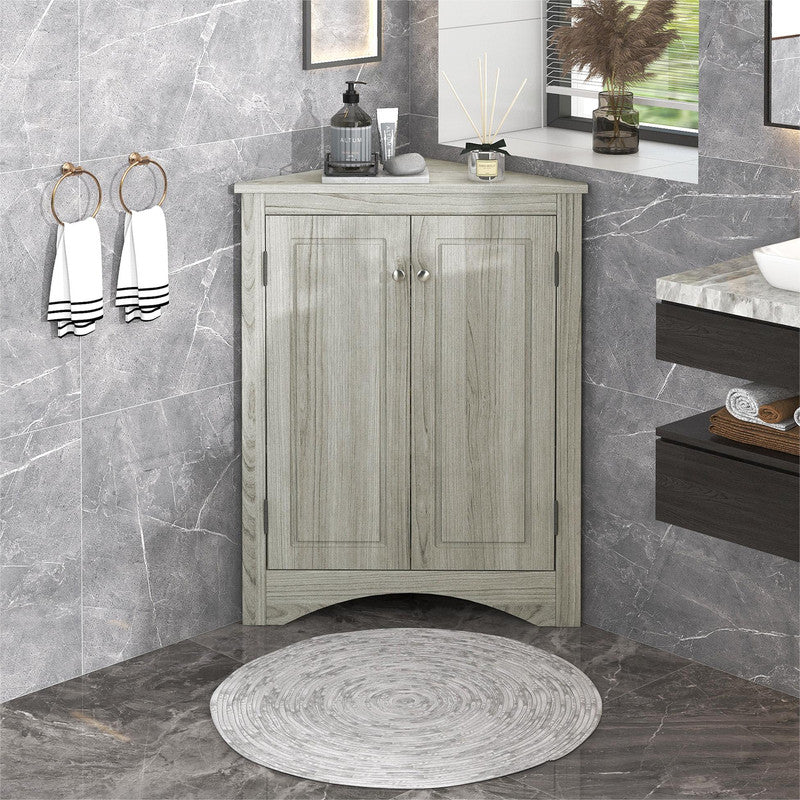 Oak Triangle Bathroom Storage Cabinet with Adjustable Shelves, Freestanding Floor Cabinet