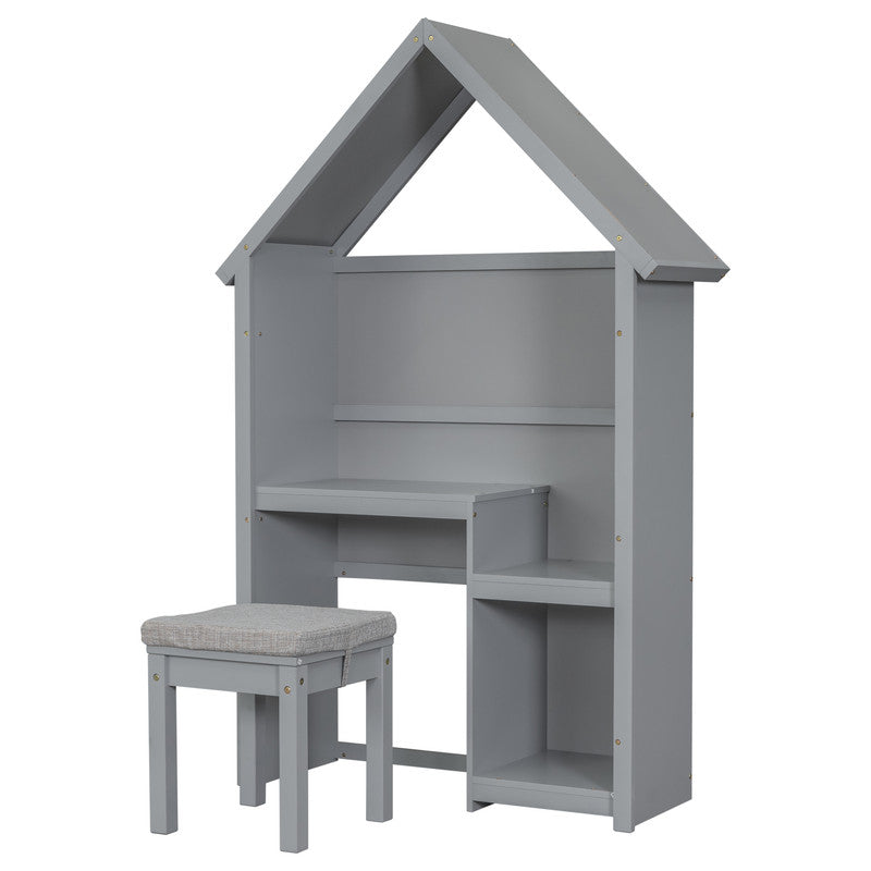 House-Shaped Kids Desk with a Cushion Stool, House-Style Desk and Stool Set