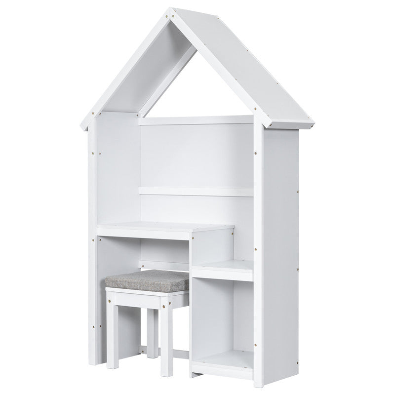 House-Shaped Kids Desk with a Cushion Stool, House-Style Desk and Stool Set