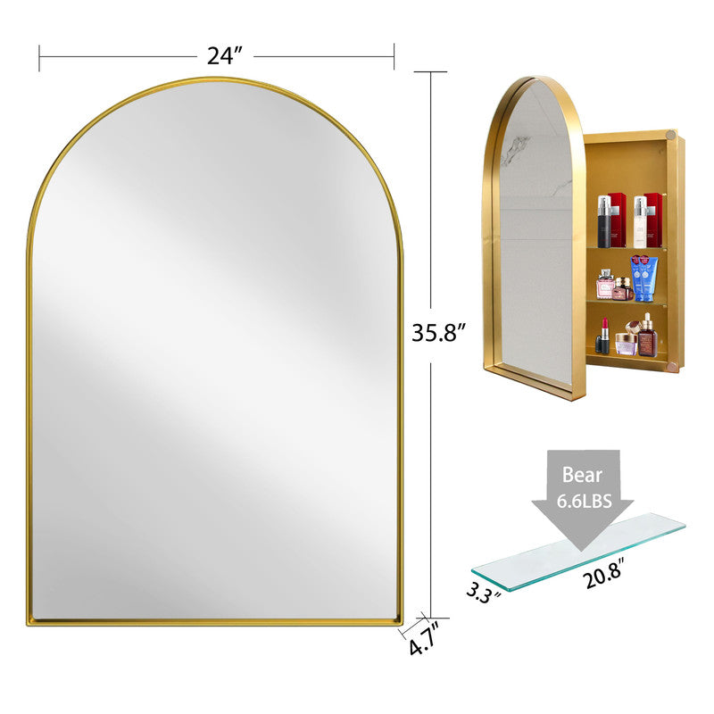 Arched Recessed Mirror Cabinet, Metal Framed Bathroom Wall Cabinet with Mirror and Adjustable Shelves