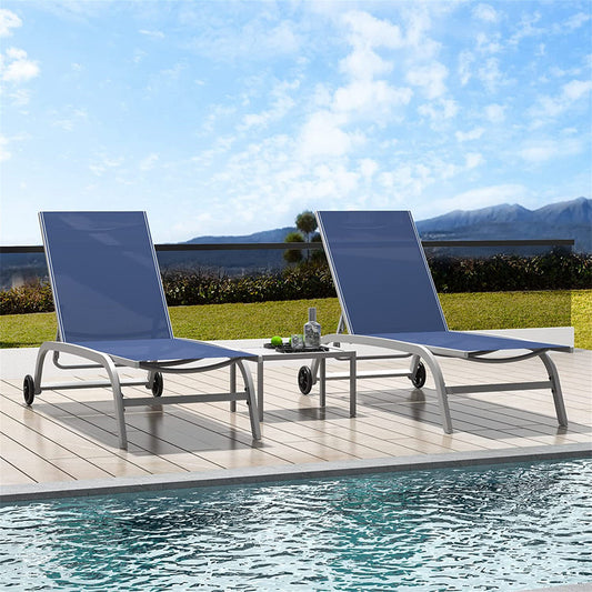 Set of 3 Lounge Chairs for Outside with Wheels 5 Adjustable Position Pool Lounge Chairs