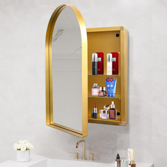 Arched Recessed Mirror Cabinet, Metal Framed Bathroom Wall Cabinet with Mirror and Adjustable Shelves