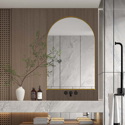 Arched Recessed Mirror Cabinet, Metal Framed Bathroom Wall Cabinet with Mirror and Adjustable Shelves