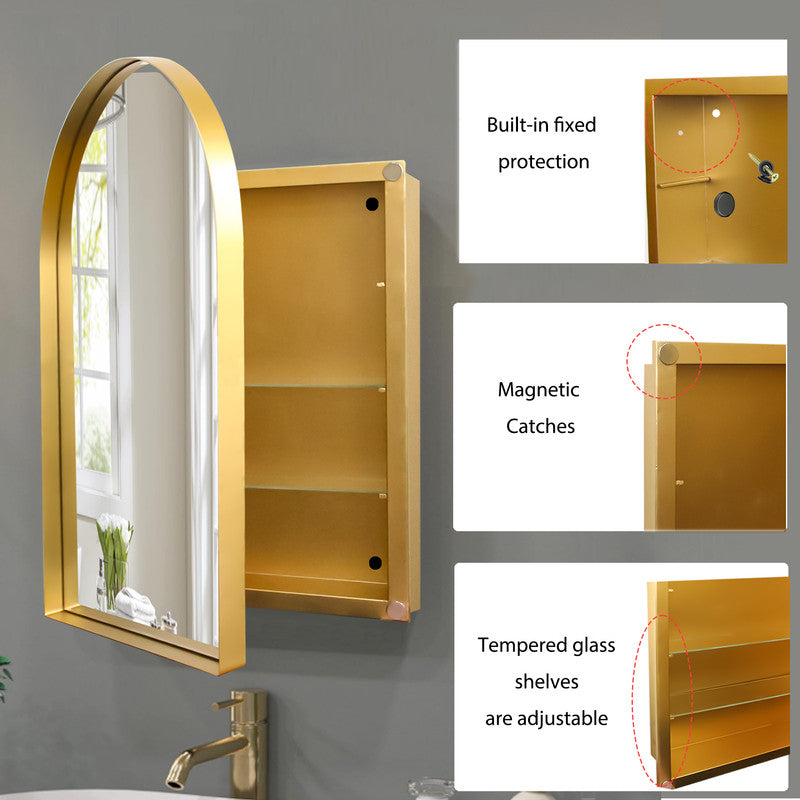 Arched Recessed Mirror Cabinet, Metal Framed Bathroom Wall Cabinet with Mirror and Adjustable Shelves