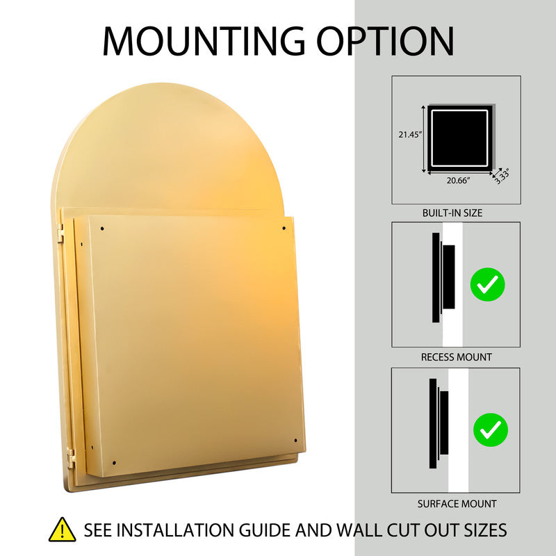 Arched Recessed Mirror Cabinet, Metal Framed Bathroom Wall Cabinet with Mirror and Adjustable Shelves