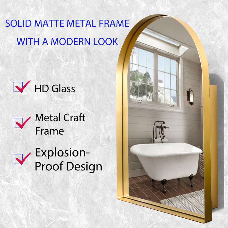 Arched Recessed Mirror Cabinet, Metal Framed Bathroom Wall Cabinet with Mirror and Adjustable Shelves