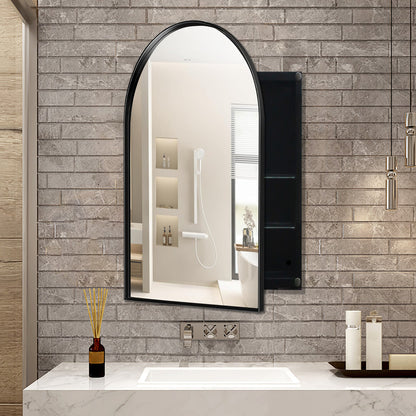 Arched Recessed Mirror Cabinet, Metal Framed Bathroom Wall Cabinet with Mirror and Adjustable Shelves