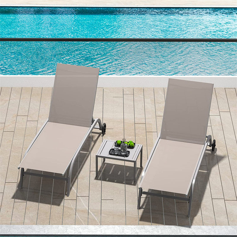 Set of 3 Lounge Chairs for Outside with Wheels 5 Adjustable Position Pool Lounge Chairs