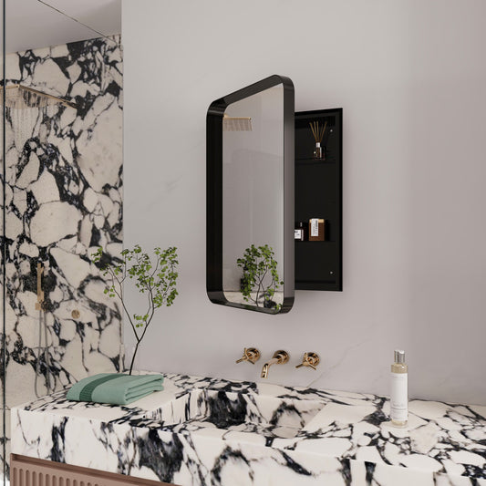 Recessed Black Metal Framed Mirror Cabinet Wall Mirror with Storage for Bathroom