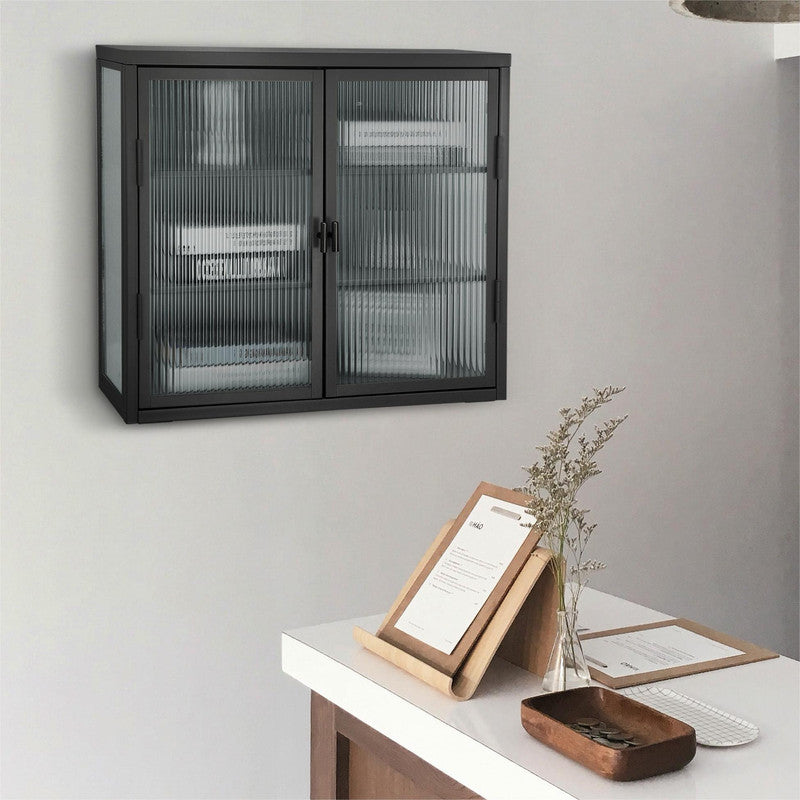 Retro Style Haze Double Glass Door Wall Cabinet with Detachable Shelves