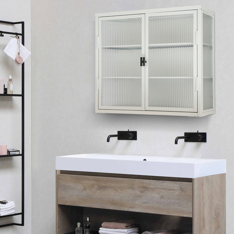 Retro Style Haze Double Glass Door Wall Cabinet with Detachable Shelves