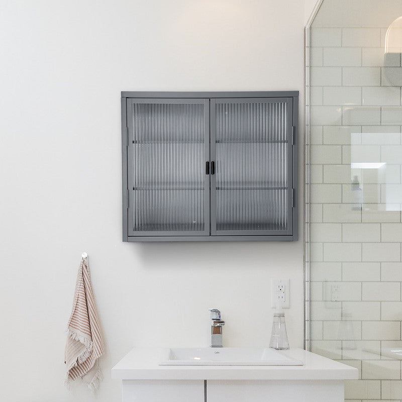 Retro Style Haze Double Glass Door Wall Cabinet with Detachable Shelves