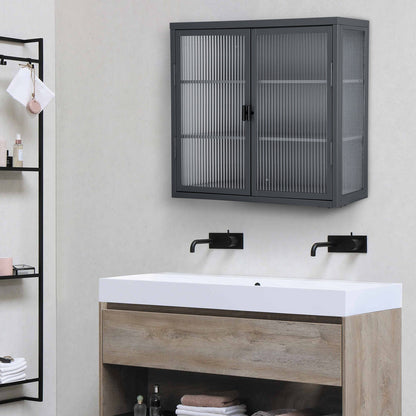 Retro Style Haze Double Glass Door Wall Cabinet with Detachable Shelves