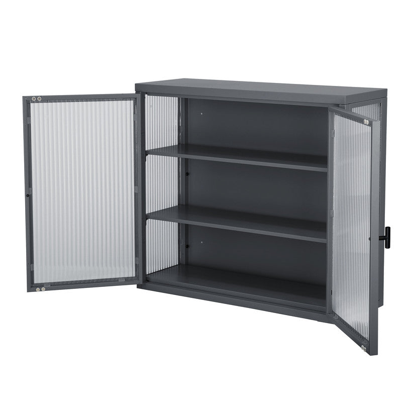 Retro Style Haze Double Glass Door Wall Cabinet with Detachable Shelves