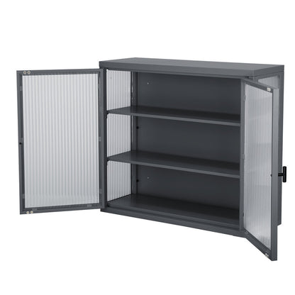 Retro Style Haze Double Glass Door Wall Cabinet with Detachable Shelves