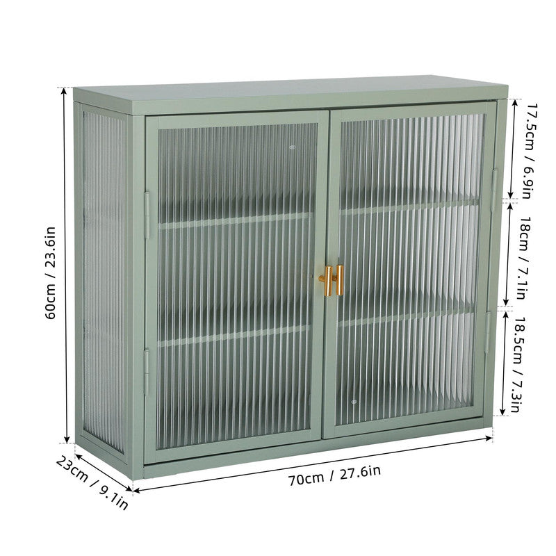 Retro Style Haze Double Glass Door Wall Cabinet with Detachable Shelves