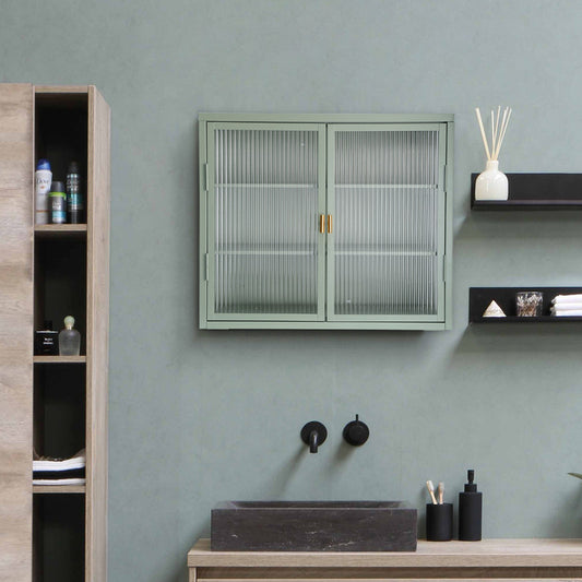 Retro Style Haze Double Glass Door Wall Cabinet with Detachable Shelves