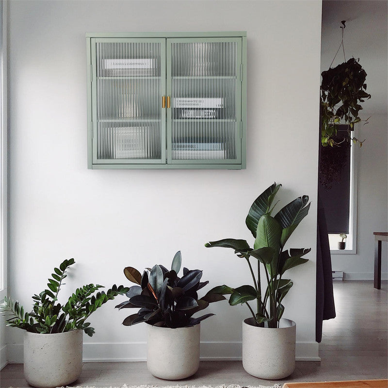 Retro Style Haze Double Glass Door Wall Cabinet with Detachable Shelves