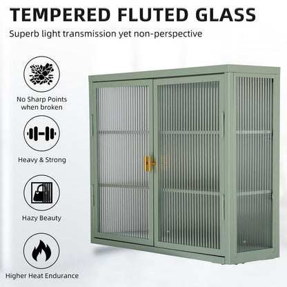 Retro Style Haze Double Glass Door Wall Cabinet with Detachable Shelves