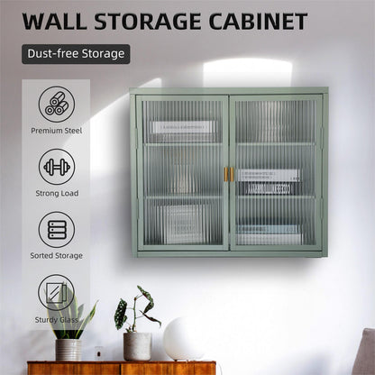 Retro Style Haze Double Glass Door Wall Cabinet with Detachable Shelves