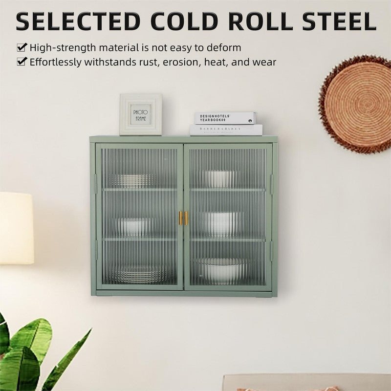 Retro Style Haze Double Glass Door Wall Cabinet with Detachable Shelves