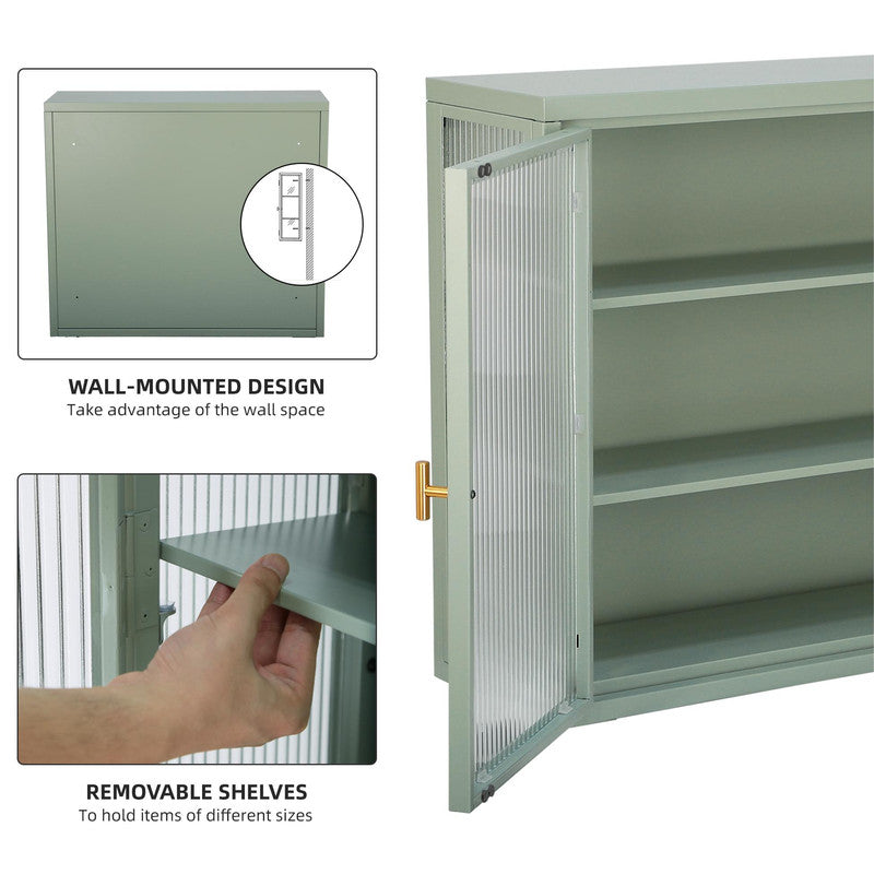 Retro Style Haze Double Glass Door Wall Cabinet with Detachable Shelves