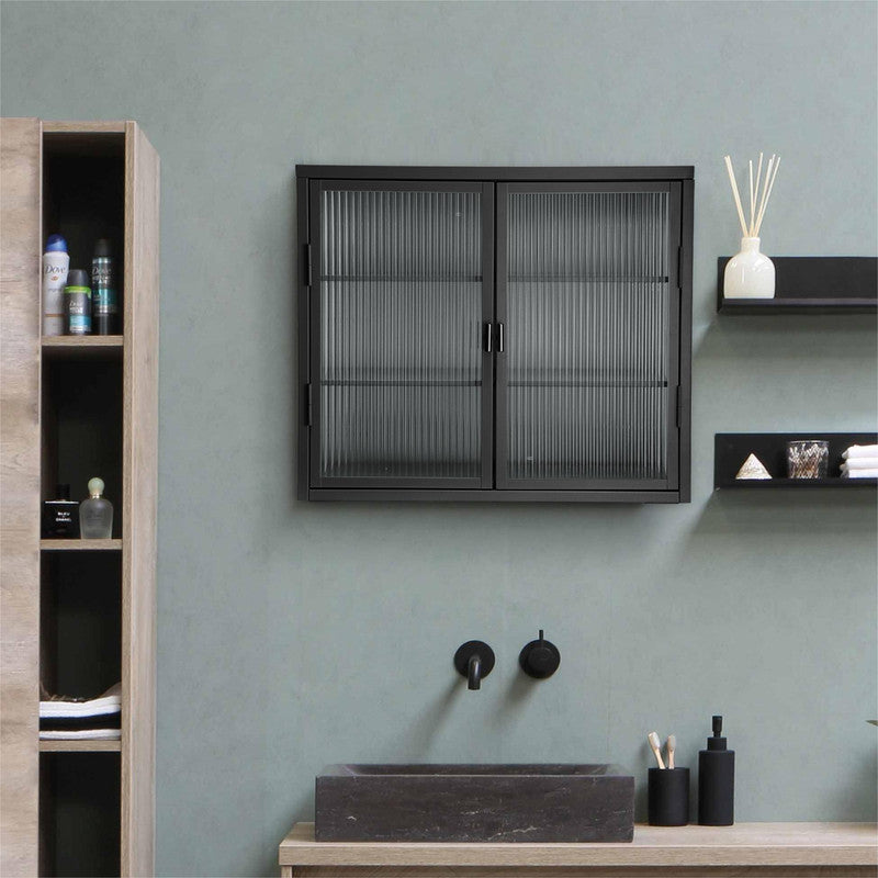 Retro Style Haze Double Glass Door Wall Cabinet with Detachable Shelves