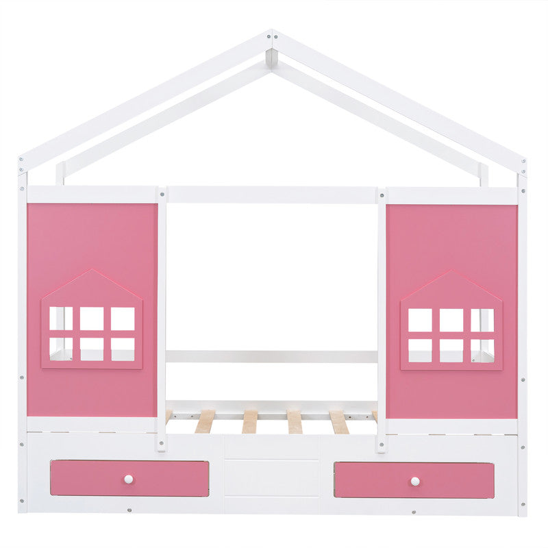 Twin Size Wood House Bed with 2 Drawers and Window Decoration